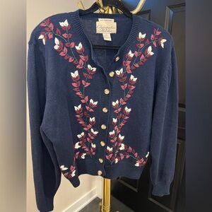 Vintage Granny Christopher & Banks Navy Cardigan with Floral Embroidery